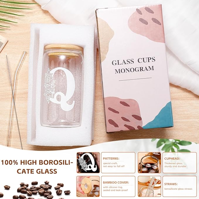 Christmas Gifts for Women: Initial Glass Cup as Office Graduation Memorial Holiday Personalized Gifts - for Mom Grandma Wife Girlfriend Sister Daughter Friend Christmas Gifts - Q Aesthetic Cup