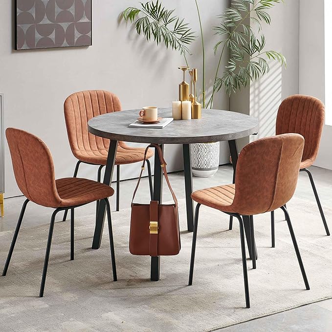 5-Piece Round Table Set for 4, 37.4" Grey Round Table with Hooks, Solid MDF Tabletop, Industrial Kitchen Table with Brown PU Dining Chairs for Living Room, Dining Room