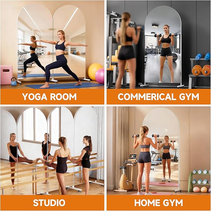 Hasipu 71" x 32" Arched Rolling Home Gym Mirror with Wheels, 360° Swivel Body Mirror with HD Tempered Glass, Large Floor Mirror for Yoga Room, Dance Studio, Bedroom & Home Gym