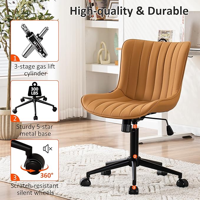 Kidol & Shellder Tan Leather Home Office Desk Chair with Wheels Modern Cute Armless Executive Swivel Vanity Chair with Comfy Padded Back Ergonomic Rolling Adjustable Computer Task Chair Small