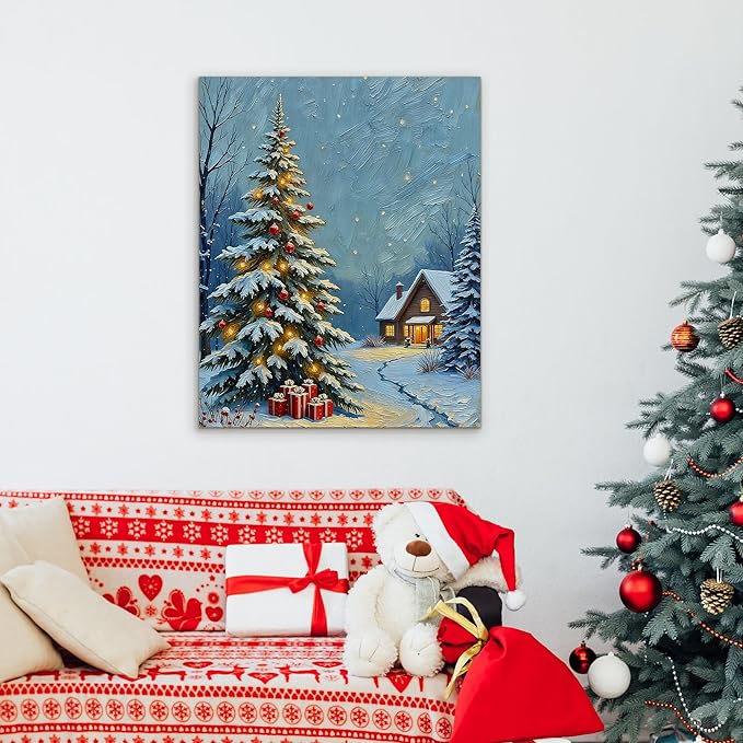 Framed Christmas Pictures Wall Decor,Vintage Pine Tree Prints,Winter Christmas Canvas Wall Art Decoration for Bedroom Bathroom Living Room Rustic Xmas Holiday Gifts (Christmas Tree 20, 12'' X 16'')