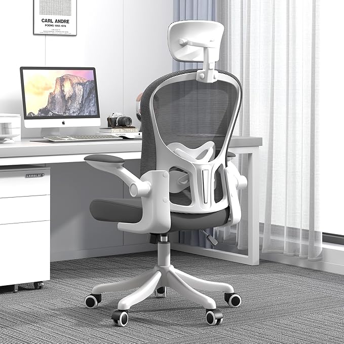 Ergonomic Office Chair with Adjustable Lumbar Support and Headrest, High Back Mesh Desk Chair for Home Office,Flip-Up Arms 90-120° Tilt Lock Rolling Swivel Task Chairs (White-Grey6065)