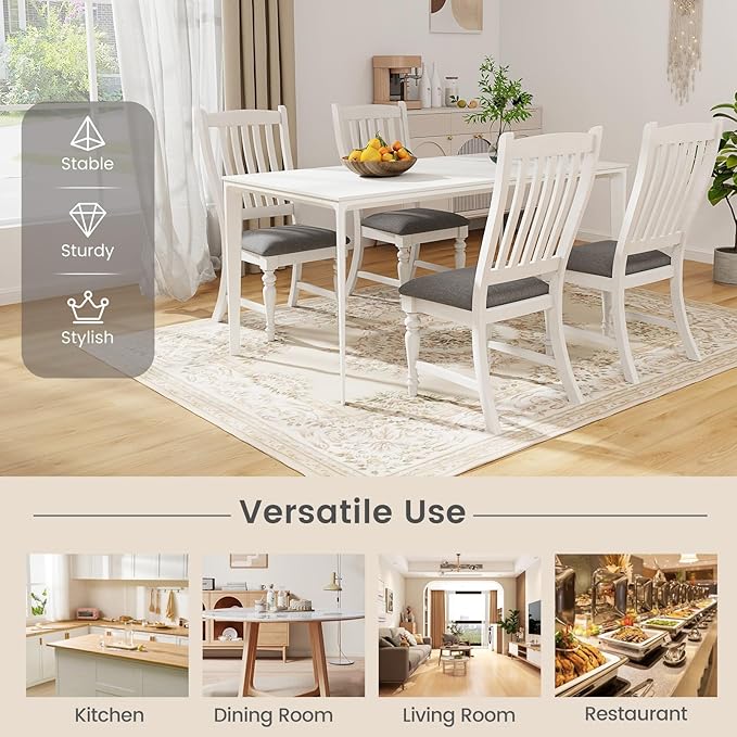 Giantex Wood Dining Chairs Set of 2, Farmhouse Kitchen Chairs with Solid Wood Frame, Max Load 355 Lbs, Armless Upholstered Dining Side Chairs with Cushion Seat, Slat Back Dining Room Chair, White
