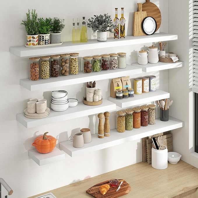 20 Inch Floating Shelves for Wall, 8 Inch Deep Floating Shelf for Storage & Display, Rustic Wall Mounted Shelf with Invisible Brackets for Living Room, Kitchen, Bathroom, Home Decor, Set of 2, White