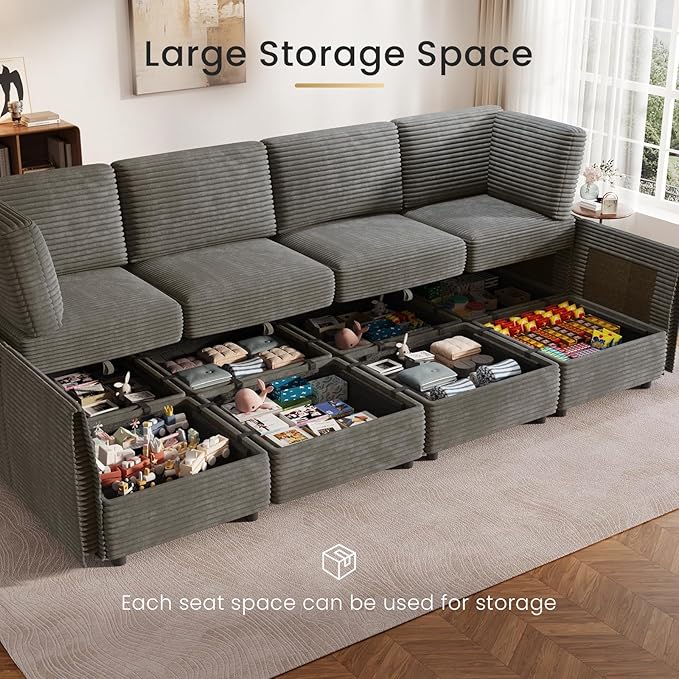 KKL Modular Sectional Sofa Bed with Storage Ottoman, Convertible L/U/J-Shaped Sleeper Couch Plush Wide-Wale Corduroy for Living Room, Apartment, Modern Design, Gray
