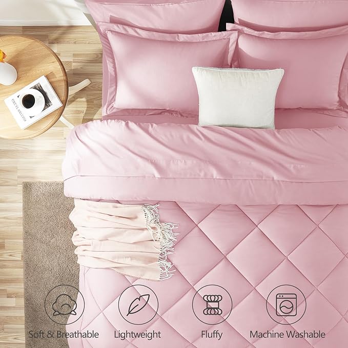 CozyLux Queen Comforter Set Pink - Bed in a Bag Queen Size 7 Pieces, Luxury Soft Bed Set for All Seasons, Bedding Set with Down Alternative Comforter, Sheets, Pillowcases & Shams