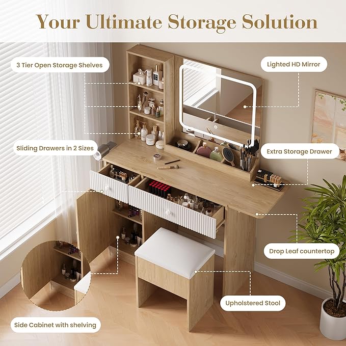 Vanity Desk with Mirror and Lights, Pink Makeup Vanity with Charging Station, Dressing Table Set with Storage Chair, Drawer Shelves, and Foldable Panel for Compact Space Bedroom (Nature Wood)