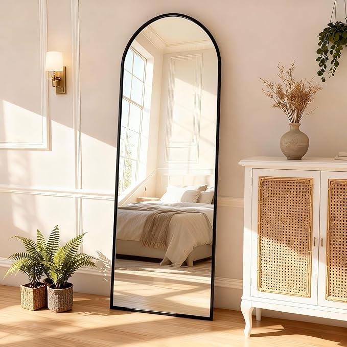 Arched Full Length Mirror,64" L x 20" W Floor Mirror, Aluminum Alloy Frame, Shatterproof Glass - Free Standing, Leaning or Wall Mounted for Bedroom, Living Room, Entryway, Modern Home (Black)