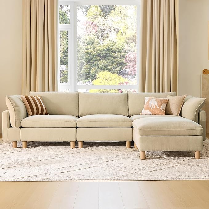 CHITA 127" Super Large Sectional Couches for Living Room, Modular Cloud Couch Sectional Sofa, Premium Fabric Couches, Down Filled, High Density Foam, Chenille in Beige, 4 Seat L Shaped