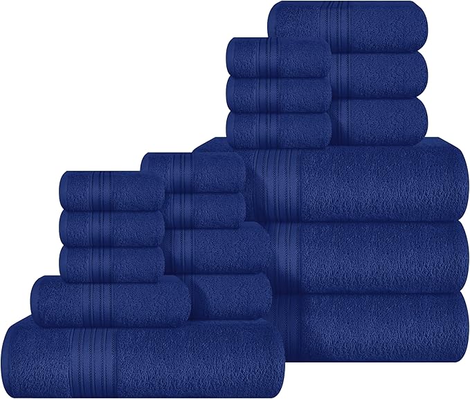 BOUTIQUO 100% Cotton Towel Set, Contains 4 Soft Bath Towel, 6 Hand Towels, 8 Wash Cloths - Compact Absorbent Lightweight & Quickdry Towels for Bathroom - 18 Piece Bathroom Towel Set - Navy Blue