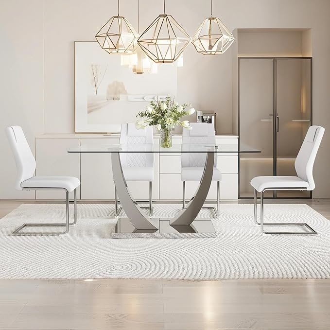 AZmac 63” Glass Dining Room Table Set for 4, Modern Kitchen Table and Chairs Set of 4, Dining Sets with Rectangular Tempered Glass and Sturdy Silver Chrome Base, for Kitchen Home