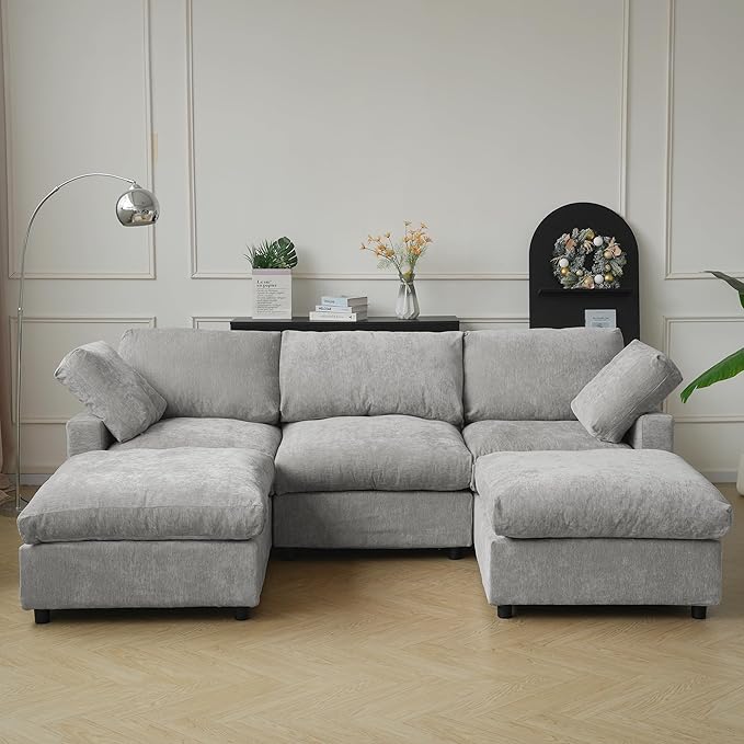 JACH U Shape Sectional Couches for Living Room, Convertible Modular Sofa with Ottomans, Cloud Sectional Couch, Sofa Covers Washable, Minimalist Couch for Living Room, Apartment, Light Grey