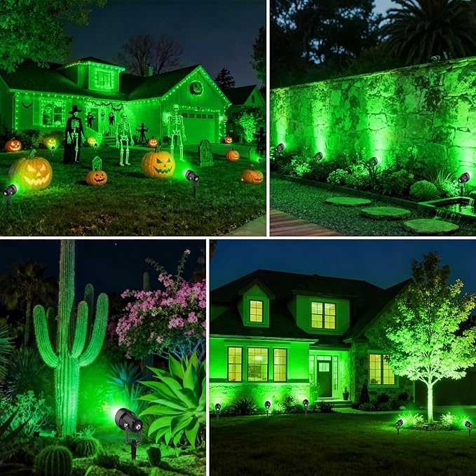 Christmas Green Landscape Spotlights, 14 LED Landscape Lighting with US Plug, IP65 Waterproof Outdoor for Tree Yard Garden Pathway Halloween Decor, 4 Pack