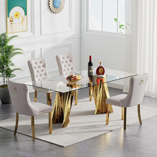 Goujxcy Modern 5 Piece Glass Dining Table Set Luxury Glass Kitchen Table and Chair Set for 4, 70" Large Rectangular Dining Room Table with 4 Tufted Chairs and Stainless Steel Legs (Gold & Beige)