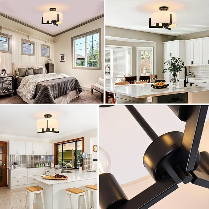 14 inch Black Semi Flush Mount Ceiling Light, 3-Light Modern Lighting Fixtures Ceiling Mount with White Drum Fabric Shade for Bedroom Entryway Hallway