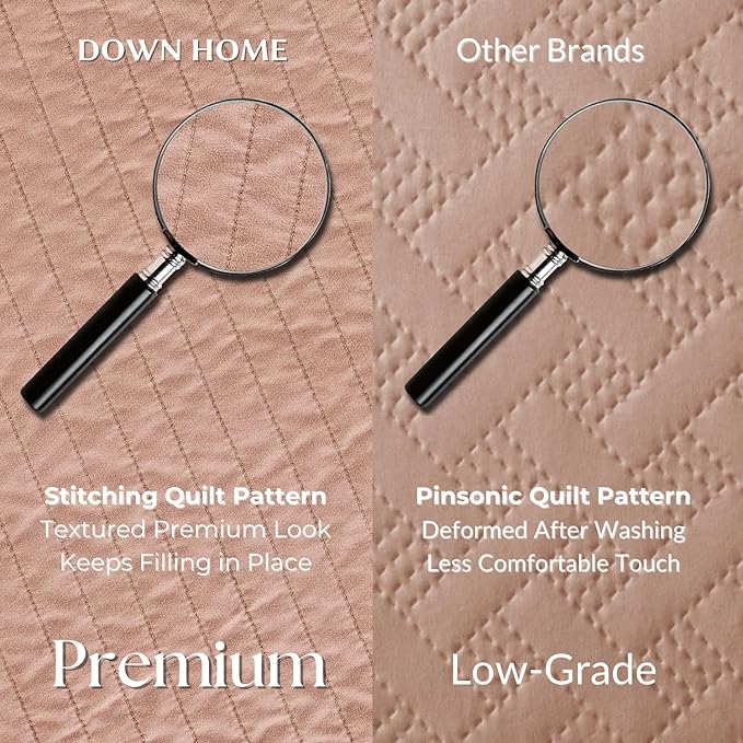 DOWN HOME Queen Quilt Bedding Set with Shams, Vintage Washed Soft Quilted Blanket Thin Comforter Lightweight Bedspread Coverlet Bed Cover, Brushed Microfiber Stripe Stitching, Desert Blush, 86"x90"