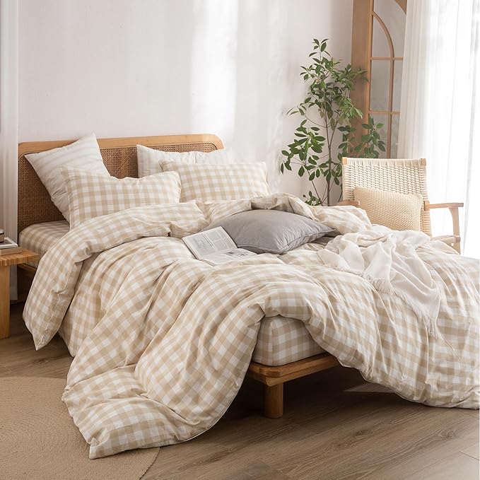 BESTOUCH Duvet Cover Set 100% Washed Cotton Linen Feel Super Soft Comfortable Chic Lightweight 3 PCs Home Bedding Set Almond Grey & White Grid Queen