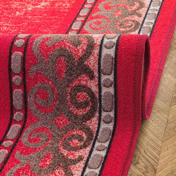 Antep Rugs Alfombras Bordered Modern 4x6 Non-Slip (Non-Skid) Low Pile Rubber Backing Indoor Area Rug (Red, 4' x 5'8")