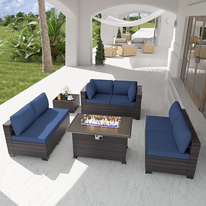 Kurapika 8 Pieces Patio Furniture Set, Rattan Wicker Outdoor Conversation Sets w/43in Propane Fire Pit Table and 4 Inch Cushion(Navy Blue)