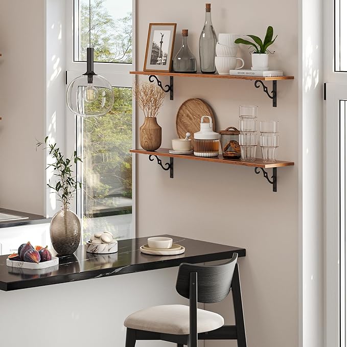 DINZI LVJ Long Wall Shelves, 31.5" Large Floating Shelves Set of 4, Farmhouse Display Shelf Wall Mounted with Heavy Duty Brackets, Easy Assembly for Kitchen, Bathroom, Bedroom, Balcony, Rustic Brown