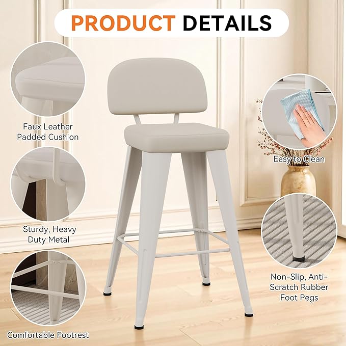 Aklaus PU Leather Metal Bar Stools 24 inch Faux Leather Counter Height Barstools Set of 4 Modern Farmhouse Bar Chairs with High Backs and Faux Leather Seat for Kitchen Island Dining Room Off White