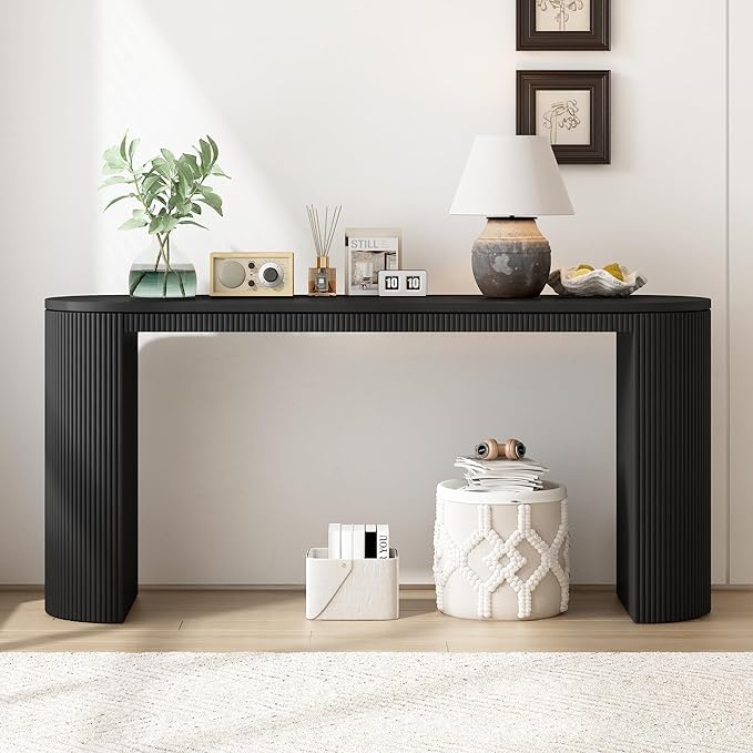 58.2-Inch Console Table with Dual Drawers, Pine Veneer, Natural Wood Grain, Striped Design, Arched Legs, Adjustable Feet for Living Room, Hallway, Foyer