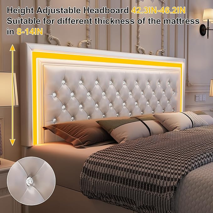 Full Led Bed Frame with 4 Storage Drawers, Bed Frame with Led Lights No Box Spring Needed, 900 lbs Capacity, Easy Assembly, PU White