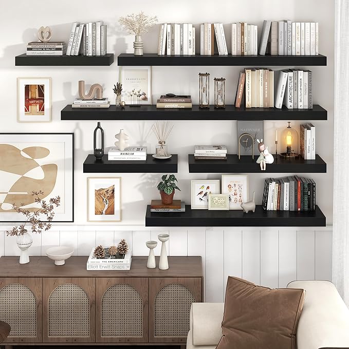 Floating Shelves for Wall, 36 Inch Wide x 12 Inch Deep Floating Shelves, Long Wood Floating Wall Shelf Shelves for Living Room Bathroom Bedroom Kitchen Home - (Black, 36" W x 12" D x 2" H)