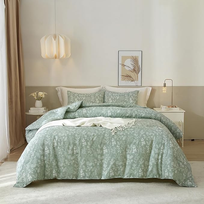 EAVD Twin XL Comforter Set Sage Green Floral Comforter with 2 Pillowcases Soft Microfiber Chic Garden Floral Bedding Set Vintage Fresh Botanical Bedding Set for All-Season