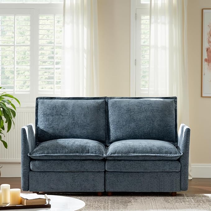 HULALA HOME 68'' Loveseat Sofa with Dual-Layered Cushions, 2 Seater Sofa with Storage Ottoman and Removable Cover, Modern Deep Seat Cloud Couch for Living Room, Blue