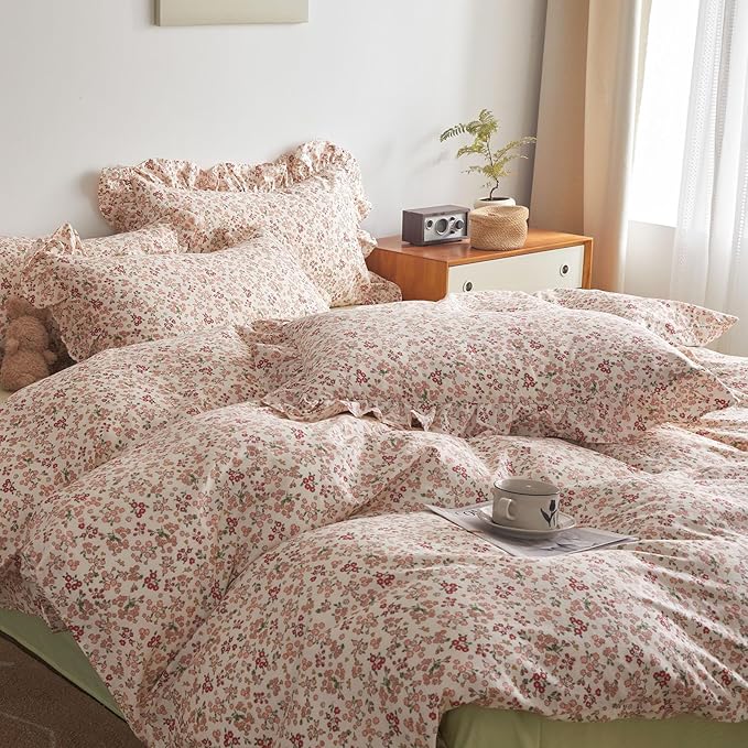 Vintage Floral Duvet Cover King 100% Cotton Pink Flower Duvet Cover with 2 Ruffle Pillowcases Girls Boho Lace Floral Bedding Set Aesthetic Garden Style Botanical Comforter Cover King with Zipper Ties
