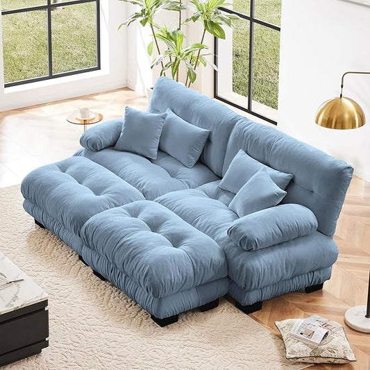 94.4" Loveseat Sofa, 2 Seater Modular Sectional Sofa, Blue Large U Shaped Sectional Couches for Living Room, Fluffy Chenille Fabric Cloud Couch with Ottoman