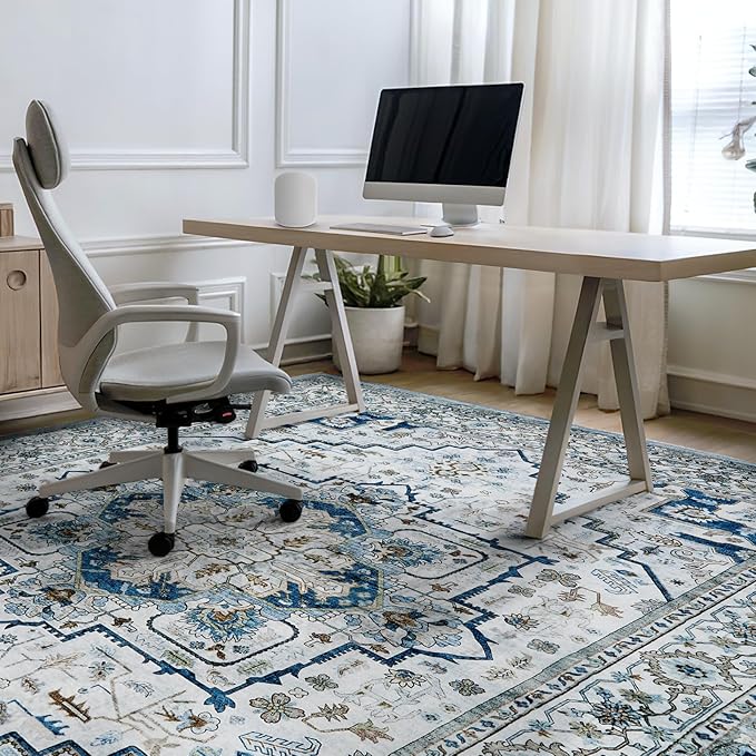 Area Rugs for Living Room 8x10 - Large Machine Washable Vintage Oriental Soft Rugs, Low Pile Thin Floor Carpet with Non Slip Backing for Bedroom, Dorm, Under Dining Room Table, Indoor House, Office