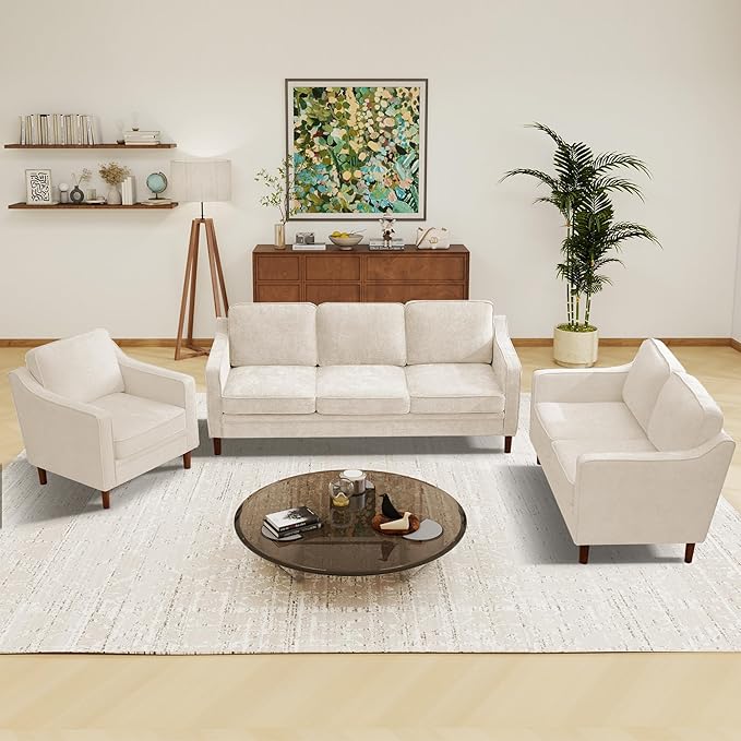 Kingfun Living Room Furniture Sets, 3 Seater Couch, Armchair and Loveseat, Mid Century Modern Sofa Set, Chenille Couch with Solid Wood Frame for Living Room & Bedroom, Beige