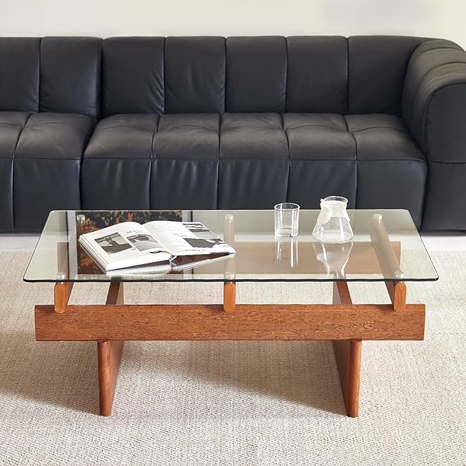 IWOOD Glass Coffee Table for Living Room,100% Solid Wood Coffee Table with Rectangular Tempered Glass Top,Mid Century Modern Coffee Table,Walnut