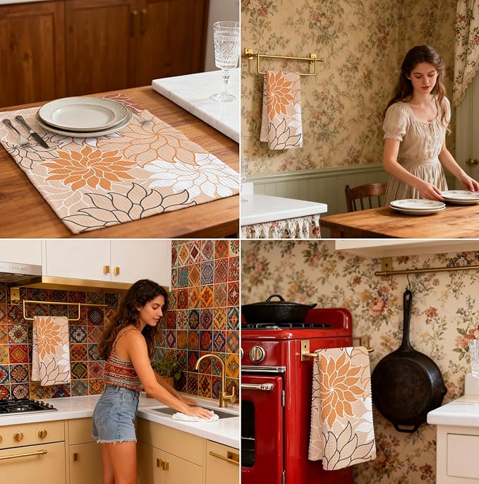 Boho Floral Abstract Waffle Towels, Flower Hand Towel for Bathroom Decor, 16x24 Inch Neutral Orange Color Flower Dish Tea Towel Decor for Kitchen/Bath/SPA,Gift for Friends.