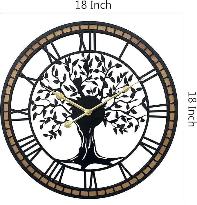 Large Wall Clock for Living Room Decor 18 Inch Tree of Life Metal Wall Art - Oversized Non-Ticking Battery Operated Silent Clock for Kitchen/Bedroom Home Decor