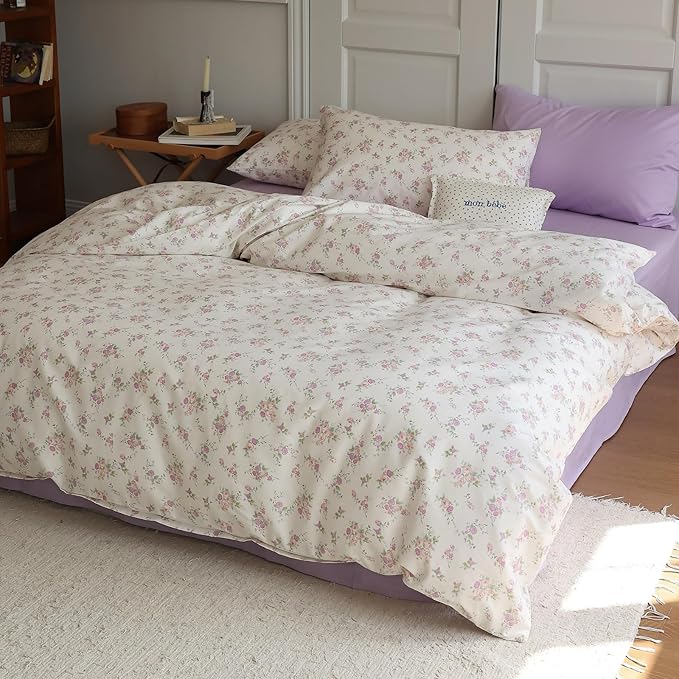 EAVD Pink Purple Floral Comforter Set Queen Soft Microfiber Chic Shabby Garden Floral Bedding Set with 2 Pillowcases Fresh Cute Botanical Comforter Set for All-Season