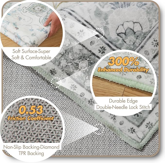 3x5 Soft Washable Area Rugs for Living Room and Bedroom, Non-Slip Stain Resistant Indoor Carpet, Cozy Floor Mat for Dining Room, Office,Stain Resistant Entryway Green Floral