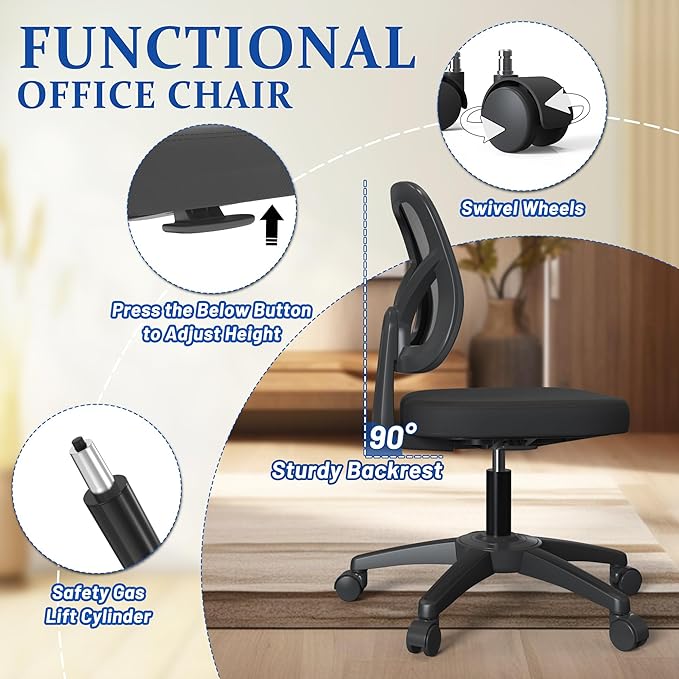 No Arms Small Office Computer Mesh Chair with Swivel Wheels Height Adjustable for Child and Adult