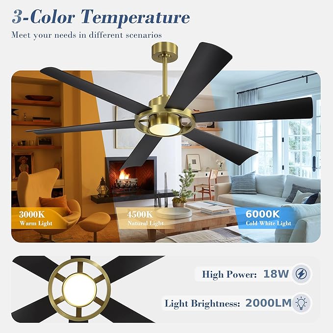 ELEHINSER 60" Ceiling Fan with Lights - 6 ABS Plastic Blades, 3 Downrods, 6-Speed Reversible DC Motor, 3CCT, Windmill Ceiling Fan for Kitchen Bedroom Living Room, Brass and Black