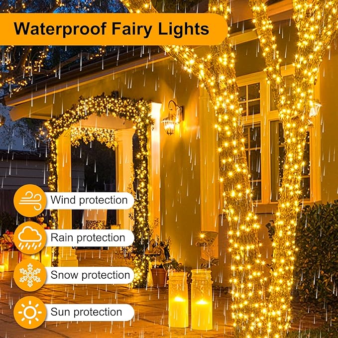 200FT 600LEDs Christmas Lights Plug in,Outdoor Indoor Fairy Lights with Timer and 8 Modes,Christmas Tree Lights for Garden Party Wedding Christmas Decoration(Warm White)