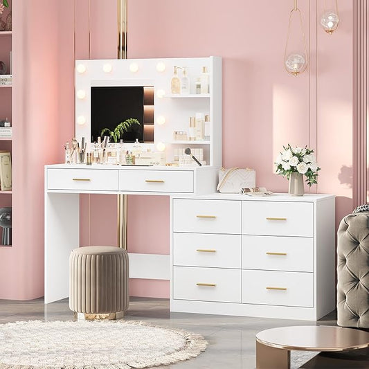 61" Vanity Desk with Mirror & Lights, White Makeup Dressing Table with 8 Drawers & 2 Shelves, 3 Lighting Modes with Adjustable Brightness for Bedroom, White