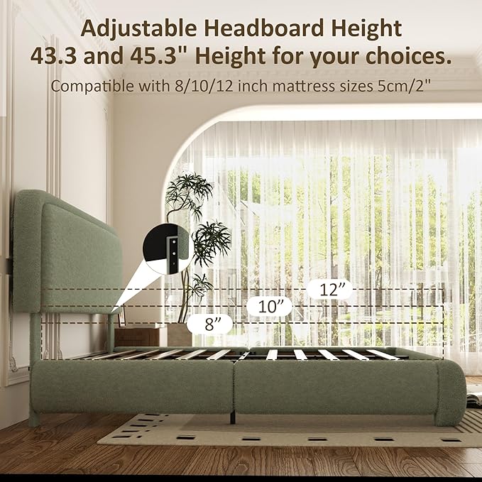 Queen Bed Frame, Teddy Velvet Boucle Bed Frame with 43.3"/45.3" Adjustable Upholstered Headboard, Rounded Corners, Mattress Foundation, No Box Spring Required, Green