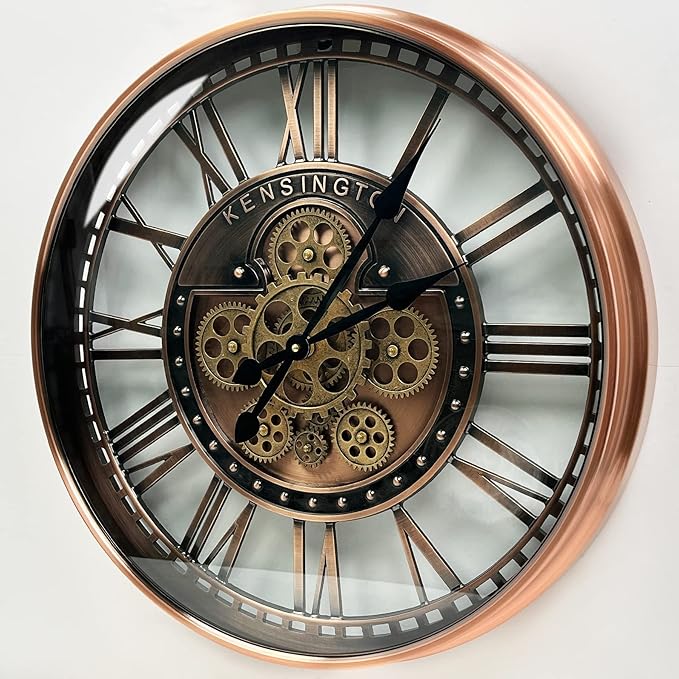 DORBOKER Real Moving Gears Wall Clock Large Modern Metal Clocks for Living Room Decor, Industrial Steampunk Unique Vintage Rustic Decorative Clock for Home Farmhouse Office, 21 Inch,Red Copper Roman
