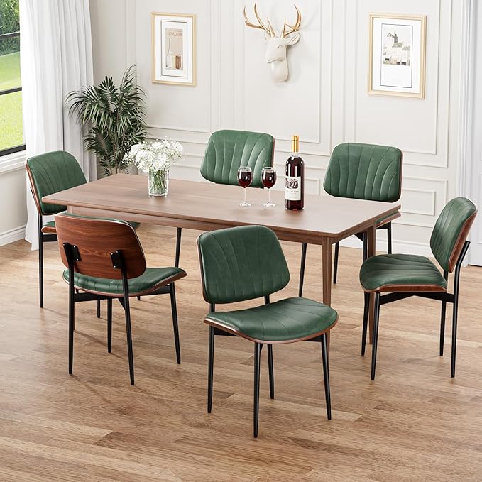 Dining Chairs Set of 4, Mid-Century Modern Upholstered PU Leather Chairs with Walnut Bentwood Back and Metal Legs Adjustable Feet for Kitchen Dining Room, Dark Green Shell Strips