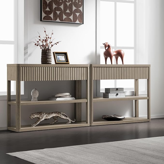 SICOTAS Fluted Entryway Table with Storage, 88.26" W Console Table with 4 Drawers & 4 Tier Storage Shelves, Modern Sofa Table Behind The Couch for Living Room, Entrance, Hallway, Foyer, Grey Alder