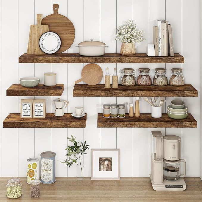Deep Floating Shelves - 16" W x 9.3" D x 1.6" H Rustic Brown Wall Shelf - Wall Mounted Shelves for Decor & Storage - Wooden Shelves with Invisible Brackets for Living Room, Kitchen - Set of 2