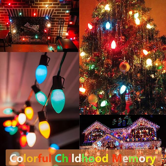 SUNSGNE 25Ft Christmas Lights Outdoor, C7 Vintage Christmas Lights with 27 Multicolor Ceramic Glass Bulbs(2 Spare) for Holidays Patio Garden Party Wedding Decor, Green Wire