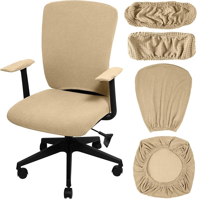 Tallew 4 Pcs Office Chair Covers Set Computer Universal Protective Stretchable Chair Seat Covers Desk Armrest Slipcovers Pads Office Cushion Backrest for Rotating (XL,Camel)